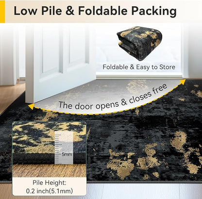 RELEANY Washable Area Rugs Square 9ft Non-Slip Modern Abstract Soft for Living Room Entryway Bedroom Kitchen, Print Pattern, Dark Black Gold