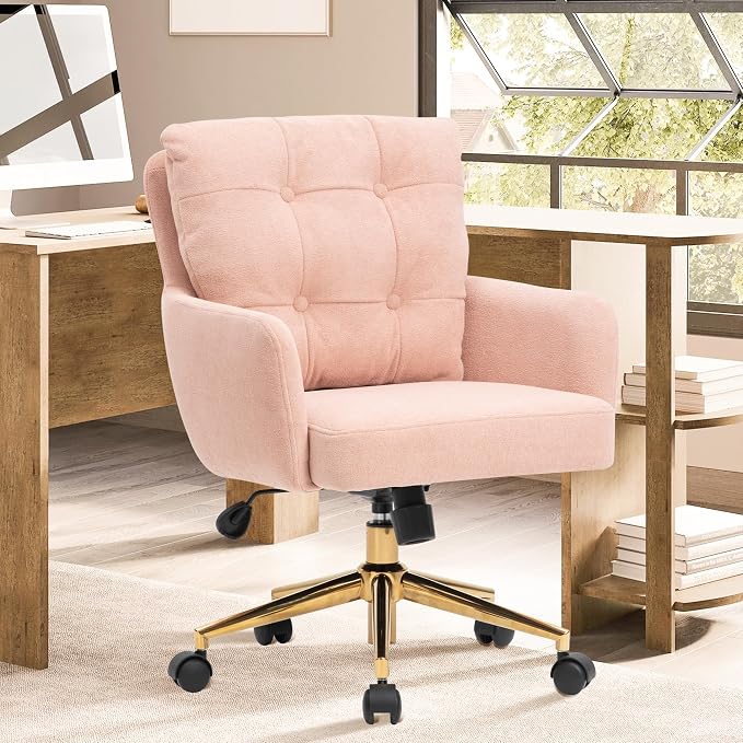 Flannel Office Chair, Comfy Home Office Desk Chairs with Lumbar Support, Modern Velvet Desk Chair Gold Legs Small Swivel Task Chair for Home Office, Bedroom, Study (Pink, L)