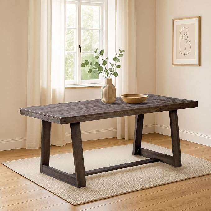 Plank+Beam 72 Inch Farmhouse Dining Table, Solid Wood Rustic Kitchen Table, Large Wooden Rectangular Dinner Table for Dining Room, Home Office, Living Room Furniture, Easy Assembly, Walnut Wirebrush