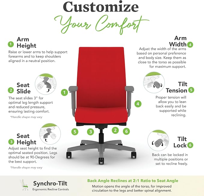 HON Ignition 2.0 Ergonomic Office Chair with Adjustable Arms, Advanced Synchro‑Tilt Recline, Upholstered Desk and Computer Chair for Home Office or Workstation, Titanium Frame, Ruby