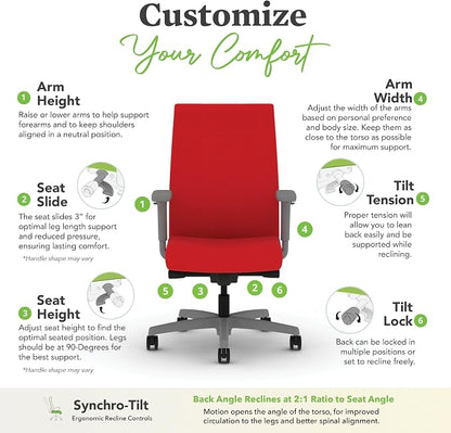 HON Ignition 2.0 Ergonomic Office Chair with Adjustable Arms, Advanced Synchro‑Tilt Recline, Upholstered Desk and Computer Chair for Home Office or Workstation, Titanium Frame, Ruby