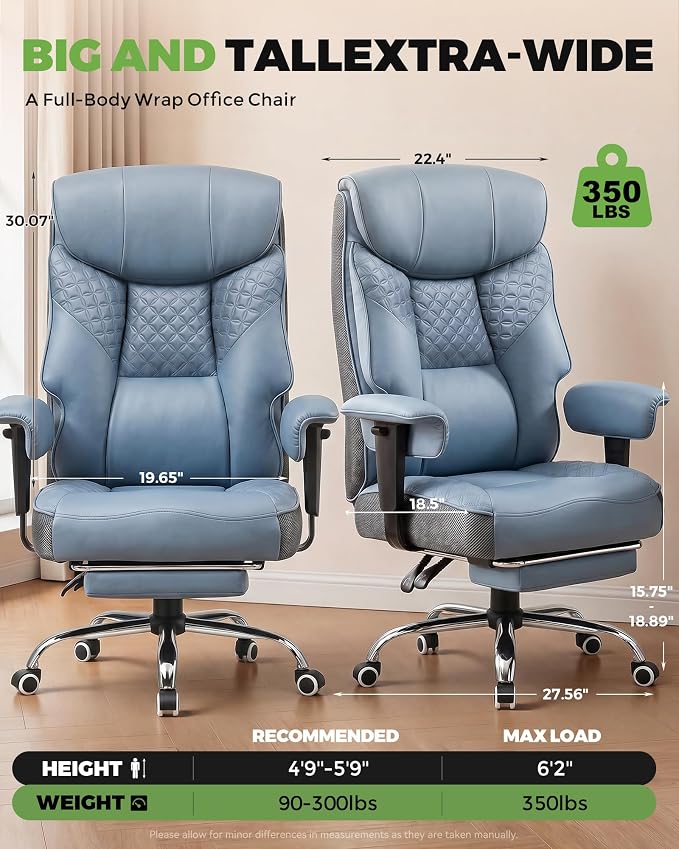 GTPLAYER Big and Tall Office Chair, High Back Computer Gaming Chair with Ergonomic Lumbar Support &Pocket Spring Cushion for Lower Back Pain Relief, Leather Executive Chair with Foot Rest, Blue
