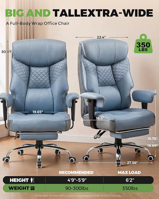 GTPLAYER Big and Tall Office Chair, High Back Computer Gaming Chair with Ergonomic Lumbar Support &Pocket Spring Cushion for Lower Back Pain Relief, Leather Executive Chair with Foot Rest, Blue