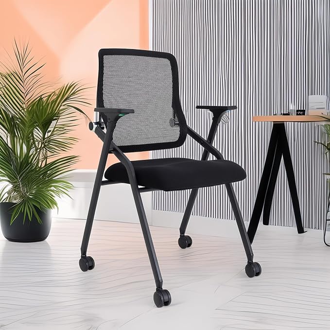 Updated Conference Room Chairs, Folding Office Desk Chair with Lumbar Support and Sliding Armrest with Casters, Stackable Office Guest Chairs & Reception Chairs, 6 Pack Black