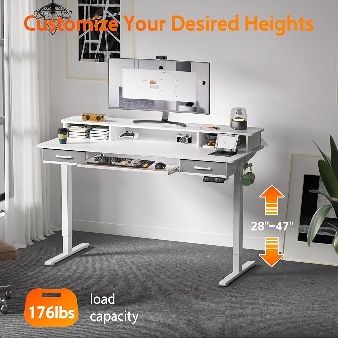 WALKINGDESK 63 Inches Electric Standing Desk with Keyboard Tray, Height Adjustable Sit to Stand Table with 2 Drawers, Ergonomic Home Office Desk with Storage Shelf, Computer Table, White