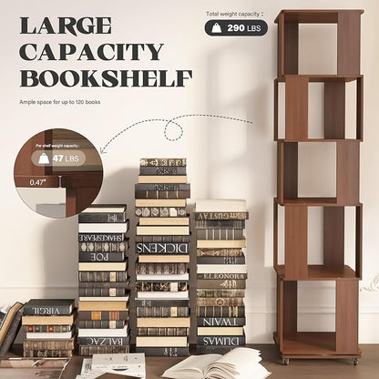 5 Tier Solid Wood Rotating Bookshelf Tower on Wheels, 360° Upgrade Spinning Book Shelf, Revolving Bookcase Organizer, Swivel Bookshelves for Small Spaces, Corner, Bedroom, Kids Room, Office (Brown)