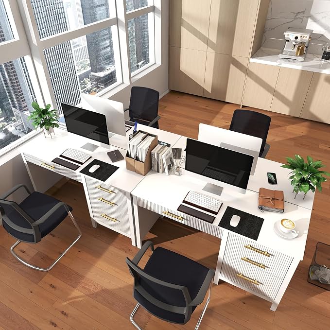 Modern Executive Desk with Drawers: 54 Inch White Home Office Desks with File Drawer, Wood Fluted Desk with Storage, Writing Computer Desks with 4 Drawers
