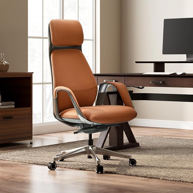 EUREKA ERGONOMIC Serene Executive Office Chair, Premium Nappa Leather High Back Boss Chair with Aluminum Base, Ergonomic Chair with Lumbar Support & Recline, Heavy Duty for Long-Hour Comfort, Brown