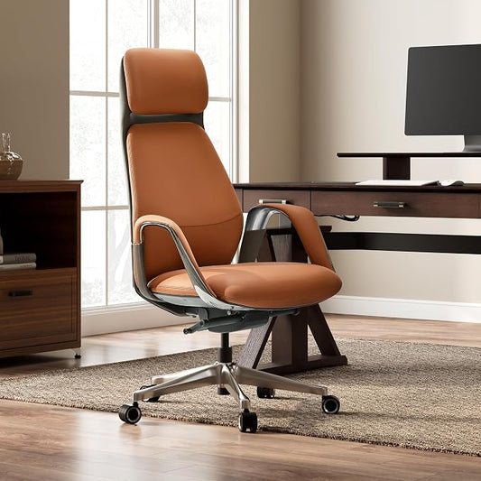 EUREKA ERGONOMIC Serene Executive Office Chair, Premium Nappa Leather High Back Boss Chair with Aluminum Base, Ergonomic Chair with Lumbar Support & Recline, Heavy Duty for Long-Hour Comfort, Brown