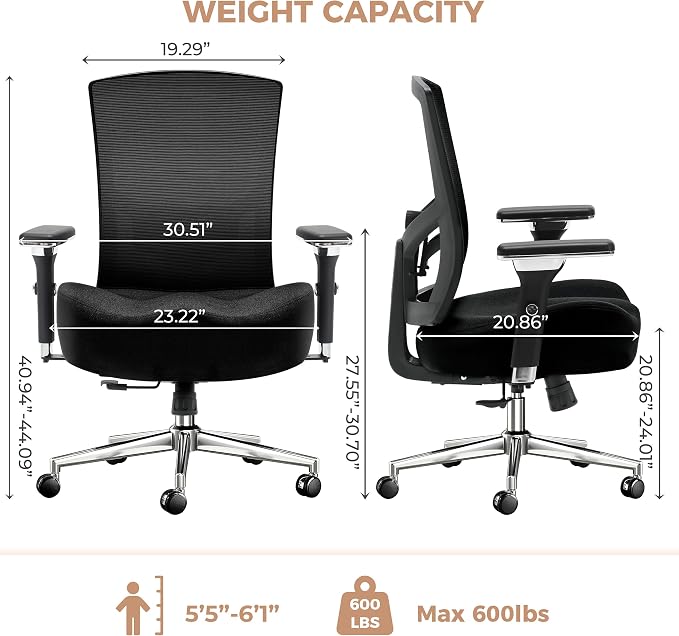 600lbs Big and Tall Office Chair with Wider W-Shaped Thick Seat Cushion, Ergonomic Computer Mesh Desk Chairs for Heavy People, Computer Chair, with Adjustable Lumbar Support, 4D Armrests
