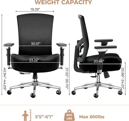 600lbs Big and Tall Office Chair with Wider W-Shaped Thick Seat Cushion, Ergonomic Computer Mesh Desk Chairs for Heavy People, Computer Chair, with Adjustable Lumbar Support, 4D Armrests