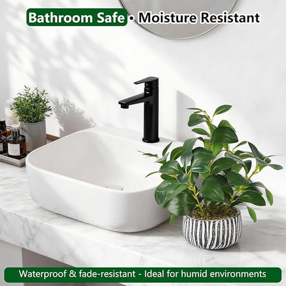 florisso Artificial Succulents with Fig Leaf Greenery in Rustic Clay Planter, Fake Succulents Potted Decor for Farmhouse, Bathroom, Bedroom, Kitchen, Office Desk and Coffee Table (Black White)