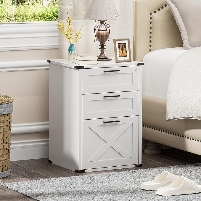 Onelike Small Wood File Cabinet with Lock, Nightstand with Charging Station, 3 Drawer Under Desk Lateral Filing Cabinets for Home Office, Printer Stand with Storage, White