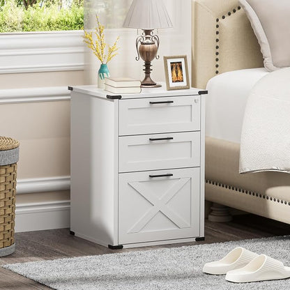 Onelike Small Wood File Cabinet with Lock, Nightstand with Charging Station, 3 Drawer Under Desk Lateral Filing Cabinets for Home Office, Printer Stand with Storage, White