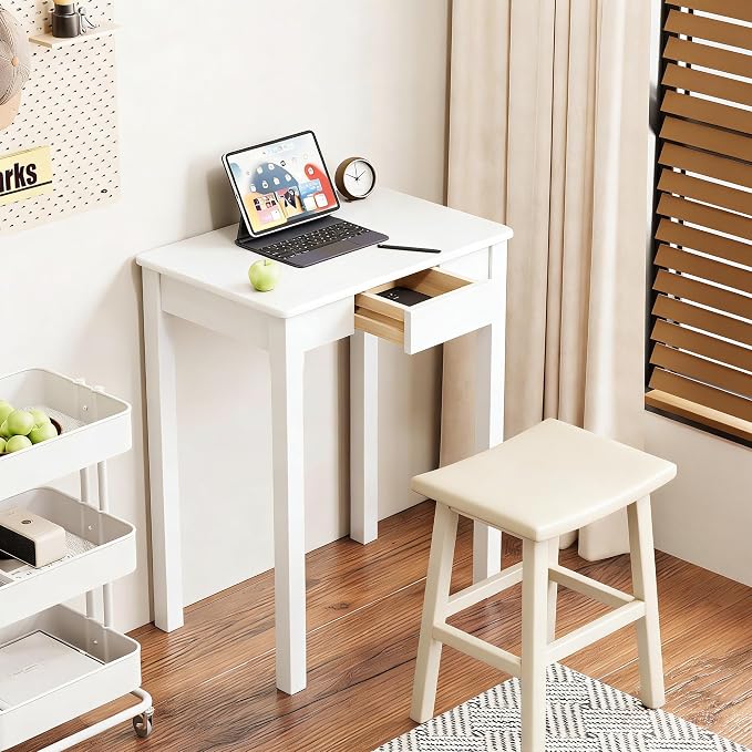 Solid Wood Desk with Drawers - 24 x 16 Inch Simple Narrow Desks, Rubber Wood Study Table, Small Writing Desk for Small Spaces|Bedroom - Modern White Desks