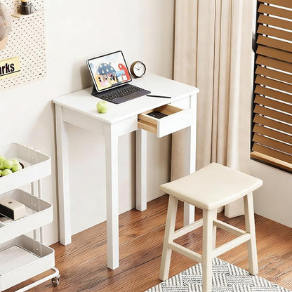 Solid Wood Desk with Drawers - 24 x 16 Inch Simple Narrow Desks, Rubber Wood Study Table, Small Writing Desk for Small Spaces|Bedroom - Modern White Desks