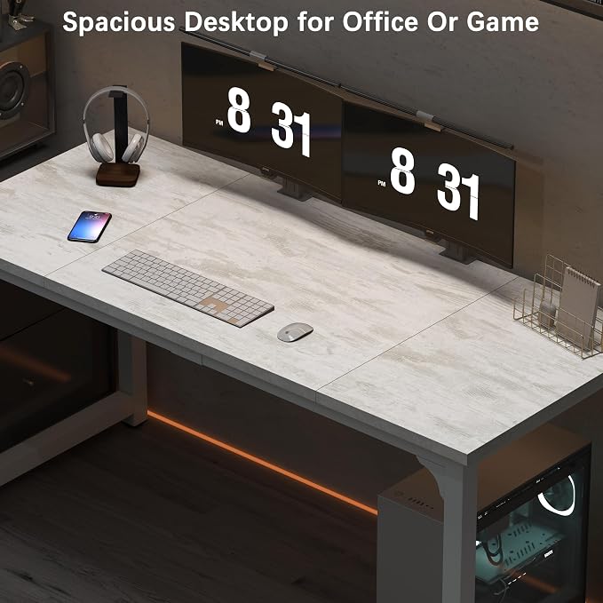 NSdirect 63" Large Computer Desk,Modern Simple Style PC Table Office Desk Wide Workstation for Study Writing,Gaming and Home Office,Extra 1" Thicker Wooden Tabletop and Black Metal Frame,Stone White