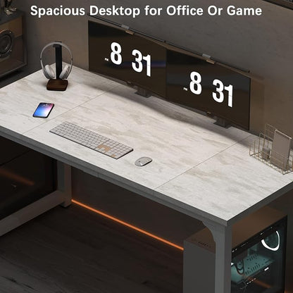 NSdirect 63" Large Computer Desk,Modern Simple Style PC Table Office Desk Wide Workstation for Study Writing,Gaming and Home Office,Extra 1" Thicker Wooden Tabletop and Black Metal Frame,Stone White