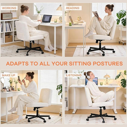 Convertible Base Criss Cross Office Chair with Pocket Springs & Thicker and Wider Cushions, Armless Criss Cross Chair Relieves Back Pain, Swivel Vanity Chair for Living Room/Office, White