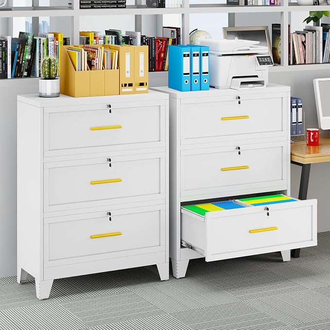 erosoei 3 Drawer File Cabinet with Lock, Metal Lateral File Cabinets for Home Office, Steel Wide Filing Organization Storage Cabinets, Home Office Furniture for Hanging Files Letter/Legal/F4/A4 Size
