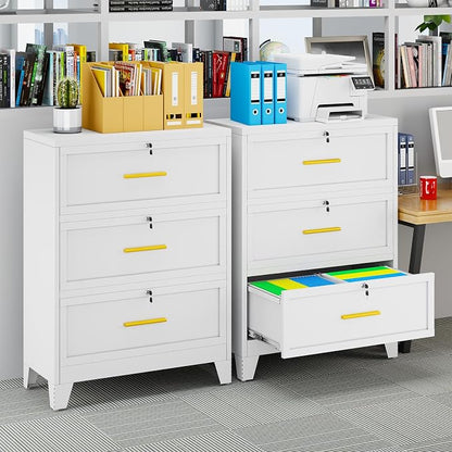 erosoei 3 Drawer File Cabinet with Lock, Metal Lateral File Cabinets for Home Office, Steel Wide Filing Organization Storage Cabinets, Home Office Furniture for Hanging Files Letter/Legal/F4/A4 Size