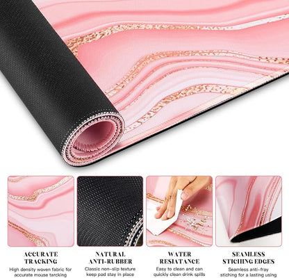 Gimars 4 in 1 Mouse Pad and Keyboard Wrist Rest Set, Large Mouse Pad with Memory Foam Wrist Support Pad for Desk with Coaster, Easy Typing Pain Relief, Gaming Office Home, 31.5x12 inch, Pink Golden