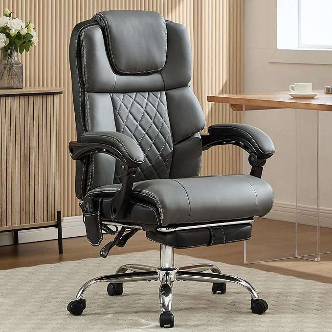 Massage Office Chair with Heat & Footrest,Heated Comfy Reclining Desk Chair with Vibration,Executive Big and Tall Chairs for Heavy People,Adjustable Height Black Grey