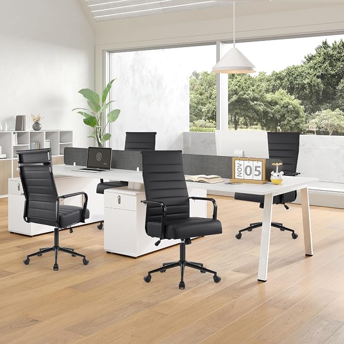 Office Desk Chair, Modern Leather Conference Room Chairs with High Back,Wheels and Arms, Ergonomic Executive Ribbed Height Adjustable Swivel Chair for Home Office (Black Frame)