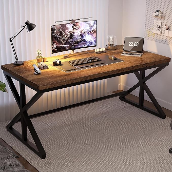 IBF Industrial Computer Desk, Rustic Wooden Metal Executive Office Desks, Large Long Simple Gaming Computer Desk Table, Wood Student Study Computer Table for Bedroom Living Room, Rustic Brown, 60 Inch