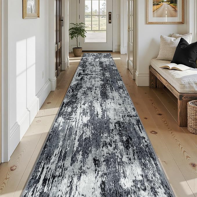 RELEANY Washable Area Rugs 2'6"x14 Non-Slip Modern Abstract Soft for Living Room Entryway Bedroom Kitchen, Print Pattern, Black Navy Blue Gray