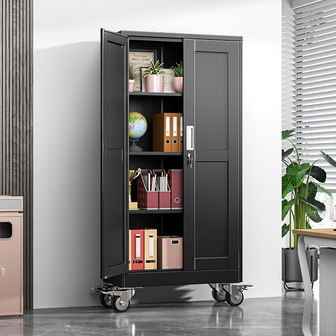 Metal Garage Storage Cabinets and storage system, 61”Tall Rolling utility cabinet with Wheels, Lock, 3 Adjustable Shelves, Heavy Duty Steel Tool Locker for Home Office, Utility Room, Gym,Black