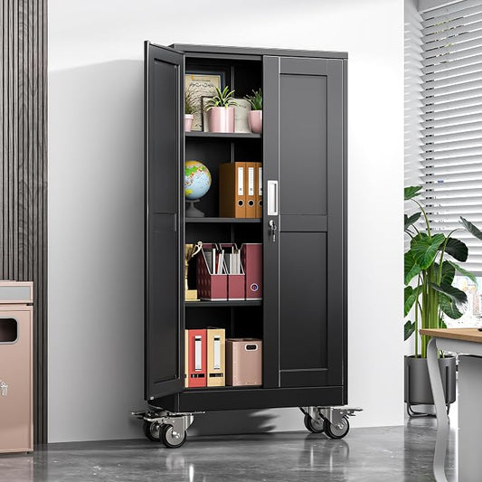 Metal Garage Storage Cabinets and storage system, 61”Tall Rolling utility cabinet with Wheels, Lock, 3 Adjustable Shelves, Heavy Duty Steel Tool Locker for Home Office, Utility Room, Gym,Black