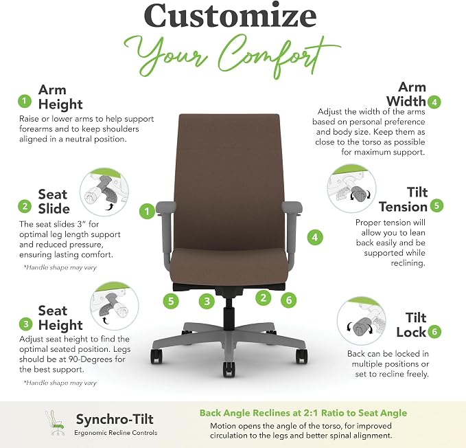 HON Ignition 2.0 Ergonomic Office Chair with Adjustable Arms, Advanced Synchro‑Tilt Recline, Upholstered Desk and Computer Chair for Home Office or Workstation, Titanium Frame, Bark