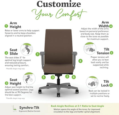 HON Ignition 2.0 Ergonomic Office Chair with Adjustable Arms, Advanced Synchro‑Tilt Recline, Upholstered Desk and Computer Chair for Home Office or Workstation, Titanium Frame, Bark