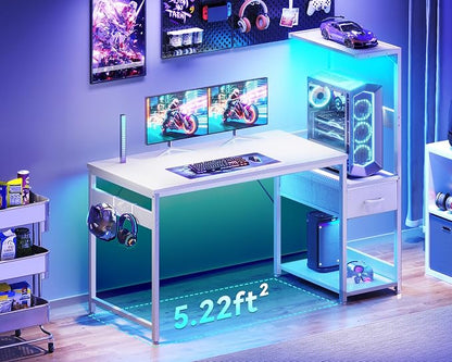 Casaottima 48'' Gaming Desk with LED Lights & CPU Stand, Reversible Computer Desk with Storage Shelves & Fabric Drawer, Modern PC Gamer Table with Headphone Hook, Carbon Fiber White