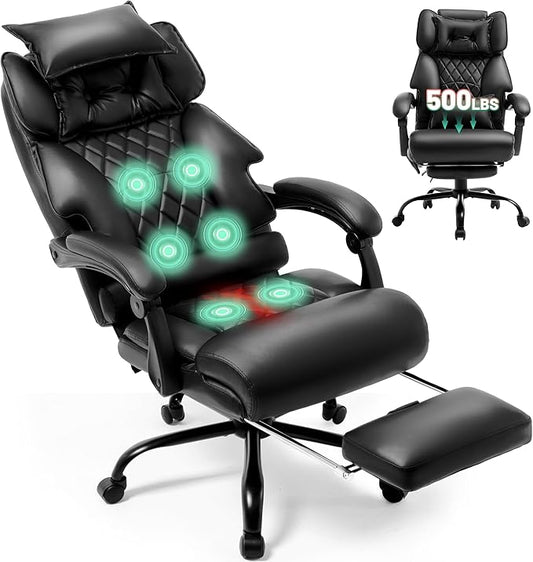 Massage Office Chair with Foot Rest,6 Points Vibration & Heat Executive Office Chairs,500LBS Big and Tall Office Chair for Heavy People,Ergonomic Reclining Desk Chair,Dual-Use Pillow,Home Office,Black