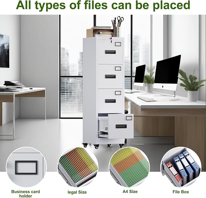 Aobabo 4 Drawer Filing Cabinet with Wheels, Lockable Metal File Cabinet with Name Card for Office and Home,Required Assembly,White