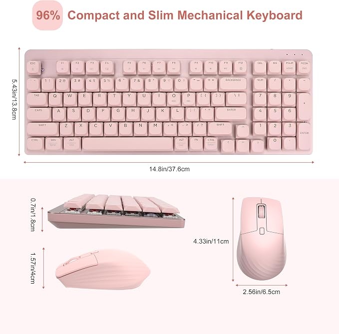LeadsaiL Wireless Keyboard and Mouse Combo, 2.4Ghz Cordless Mechanical Keyboard and Silent Mouse for Business, Low-Profile Red Switch, 98-Key Compact Slim Keyboard for Windows/MacOS PC Laptop - Pink
