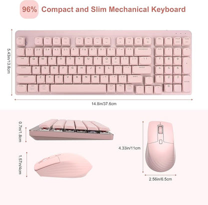 LeadsaiL Wireless Keyboard and Mouse Combo, 2.4Ghz Cordless Mechanical Keyboard and Silent Mouse for Business, Low-Profile Red Switch, 98-Key Compact Slim Keyboard for Windows/MacOS PC Laptop - Pink