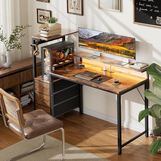 HLDIRECT 44 inch Gaming Desk with 3 Fabric Drawers & Side Hooks-Reversible Home Office Computer Desk with Power Outlets & Led Lights, Gamer Desk Table with Monitor Stand, Rustic Brown