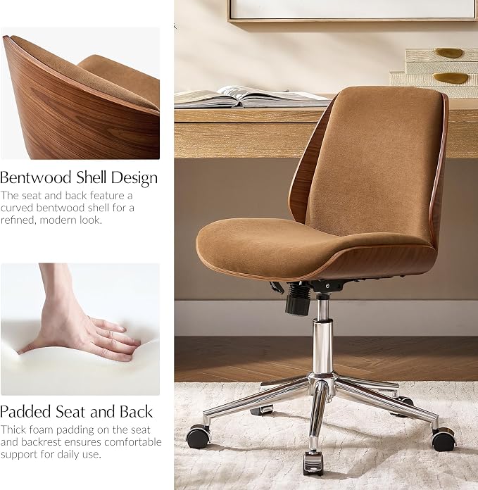 HULALA HOME Fabric Home Office Chair with Bent Wood Design & Rocking Tilt Function, Modern Swivel Desk Chair with Adjustable Height, Comfy Upholstered Armless Computer Task Chair, Caramel
