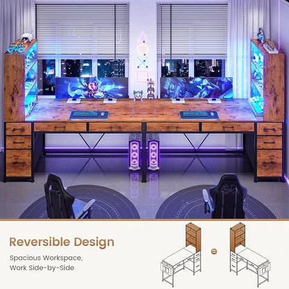 SEDETA Computer Desk with 5 Drawers and Bookshelf, Reversible Home Office Desk with Storage Shelves and File Drawer, Gaming Corner Desk with LED Lights for Small Spaces, Rustic Brown