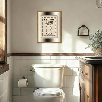 Framed Let The Good Times Roll Bathroom Print, Vintage Funny Toilet Quote Canvas Wall Art, Stripes Bathroom Picture Poster, Downstairs Toilet Painting Wall Decor 16x24 inch