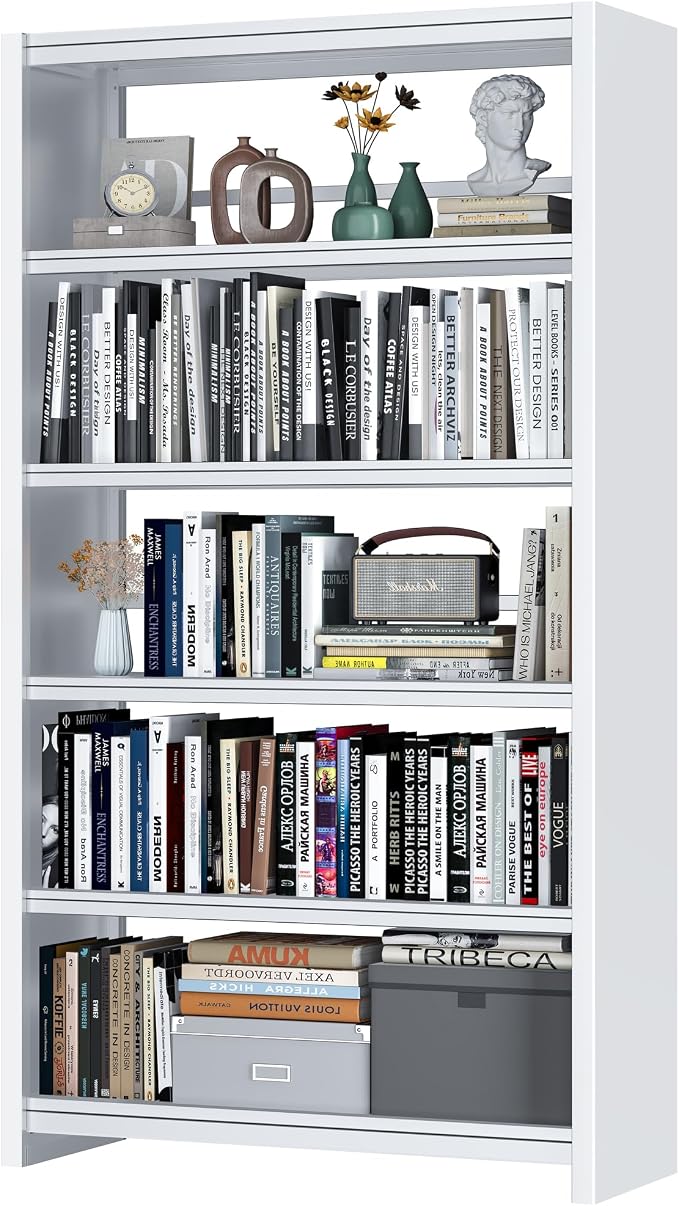 OSEILLC Bookshelf, 69" Tall White Bookshelf with 5 Storage Shelves, Large Metal Bookshelves, 5 Tier Sturdy Bookcase for Living Room, Library, Office, Bedroom, Including Book Stopper,Simple Assembly