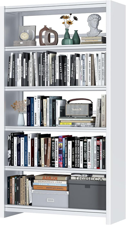 OSEILLC Bookshelf, 69" Tall White Bookshelf with 5 Storage Shelves, Large Metal Bookshelves, 5 Tier Sturdy Bookcase for Living Room, Library, Office, Bedroom, Including Book Stopper,Simple Assembly