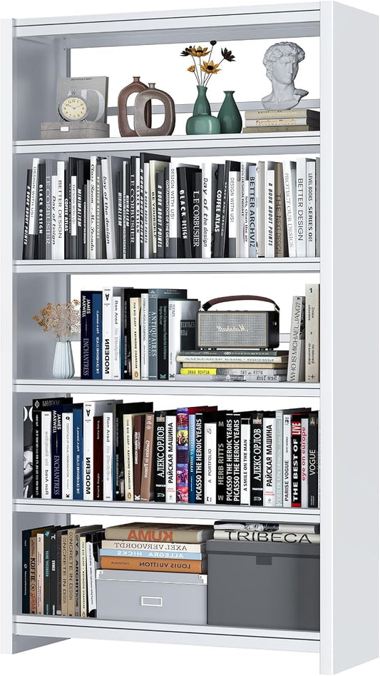 OSEILLC Bookshelf, 69" Tall White Bookshelf with 5 Storage Shelves, Large Metal Bookshelves, 5 Tier Sturdy Bookcase for Living Room, Library, Office, Bedroom, Including Book Stopper,Simple Assembly