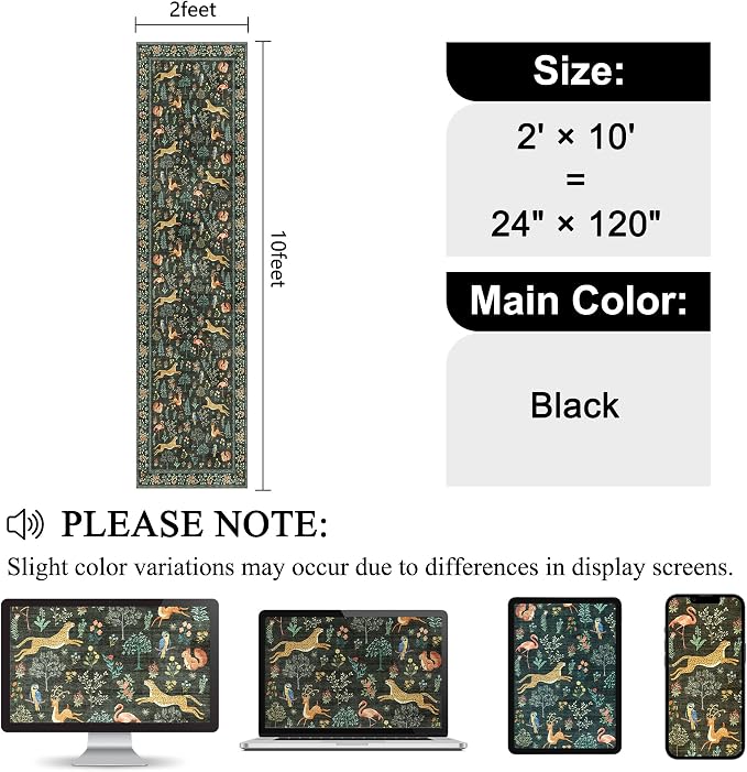 DUKINO 2x10 Rug for Hallway, Washable Kitchen Runner Rug with Non Slip Backing, Soft Low Pile Vintage Animal Runner for Bedroom, Kitchen, Hallway, Entryway, Laundry, Black
