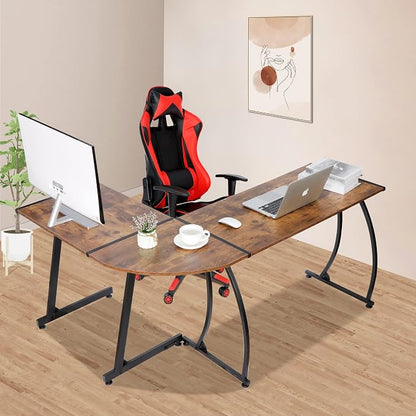 ZenStyle 55" L-Shaped Corner Computer Desk - Sturdy Steel Frame & Waterproof Surface, Brown Wood Grain Design for Home Office, Gaming & Multipurpose Workstation