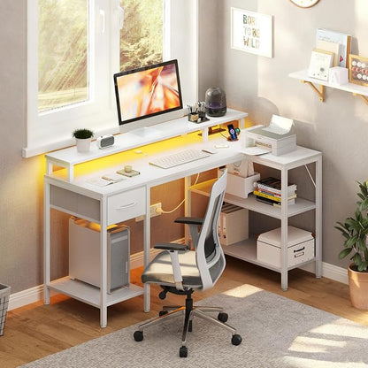 DUMOS 47” Gaming Desk with USB Charging Ports & LED Lights for Home Office Small Space, Reversible L Shaped Desks Computer Corner Gamer Table with Power Outlets Monitor Stand Storage Shelves, White