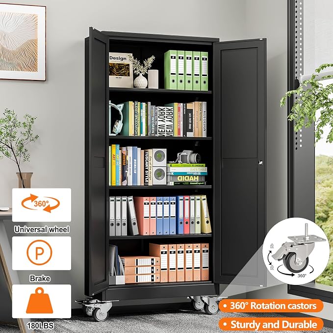 pozdeg 71" Metal Garage Storage Cabinets with Wheels, Lockable Rolling File Cabinets with 2 Doors and 4 Adjustable Shelves, Steel Tool Organizer Locker for Office Home Garage Gym School, Black